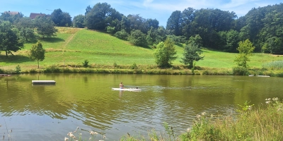 Der Badeweiher in Rügland ist von dem Blaualgen-Befall ebenfalls betroffen. Baden ist hier bislang nicht verboten, allerdings warnt das Gesundheitsamt vor den schädlichen Bakterien. (Foto: Daniela Ramsauer)