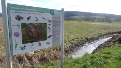 Eine Hinweistafel zur naturschutzfachlichen Bedeutung des Niedermoores Schambachried ist neben einem Graben zu sehen. (Foto: Karl-Heinz Schork/BUND Naturschutz in Bayern/dpa)