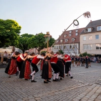 Mit vereinten Kräften stemmten die Ficht'n Lupfer den 21 Meter großen Kirchweihbaum auf dem Neustädter Marktplatu in die Höhe. In den Pausen sorgten die Bläsergruppe Obersteinbach und die Maitanz-Gruppe Burgbernheim für Unterhaltung (Foto: Mirko Fryska)