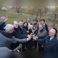 Anstoßen auf fünf Jahre Bayerischer Streuobstpakt: Mit dabei waren unter anderem die Vorsitzende des Vereins Kappelbuck Lilly Engelhard (Bildmitte), Landwirtschaftsministerin Michaela Kaniber (links daneben) und Umweltminister Thorsten Glauber (rechts neben Engelhard). (Foto: Peter Tippl)