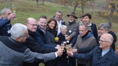 Anstoßen auf fünf Jahre Bayerischer Streuobstpakt: Mit dabei waren unter anderem die Vorsitzende des Vereins Kappelbuck Lilly Engelhard (Bildmitte), Landwirtschaftsministerin Michaela Kaniber (links daneben) und Umweltminister Thorsten Glauber (rechts neben Engelhard). (Foto: Peter Tippl)