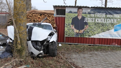 Der bei dem Unfall völlig demolierte Ford Mustang kam unmittelbar neben einem Hofladen in Kurzendorf zum Stehen. (Foto: NEWS5 / Markus Zahn)