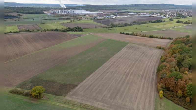 Auf dem in Landkarten als Blasenbuck bezeichneten Bereich in der östlichen Markt Bibarter Flur (im Hintergrund das Spanplattenwerk und – rechts – der Kernort) und im Grenzgebiet zu Scheinfeld soll in ein paar Jahren das Tennet-Umspannwerk entstehen. (Foto: Mirko Fryska)
