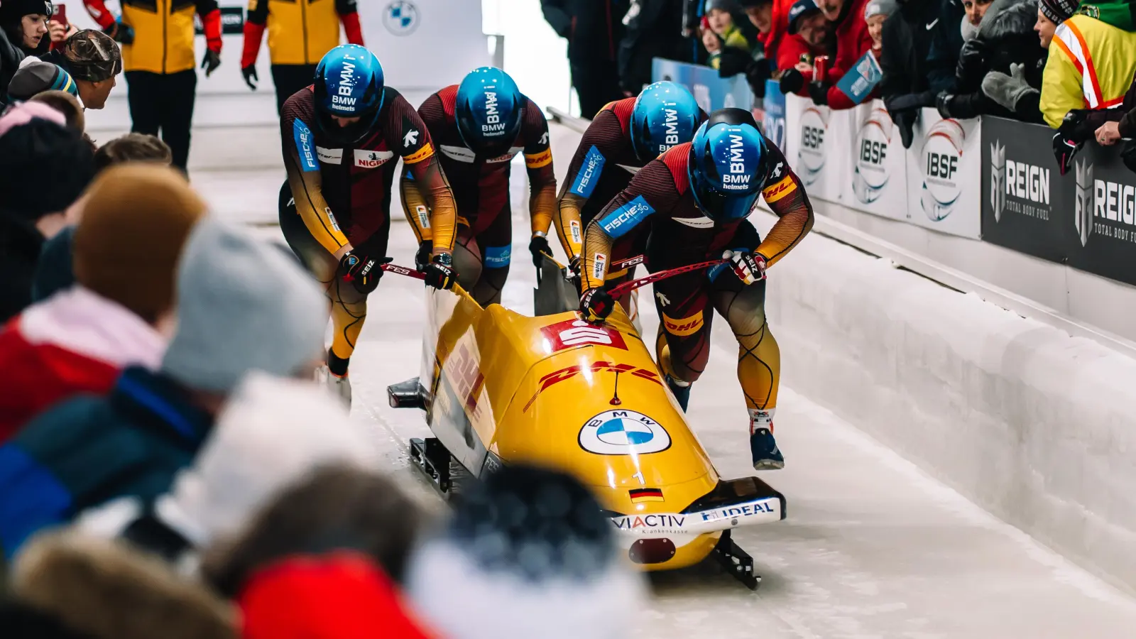 Das Team um Pilot Francesco Friedrich und die Anschieber Thorsten Margis, Matthias Sommer und Felix Straub bei ihrem einzigen Start beim Weltcup in Lake Placid. (Foto: Michael Schwab)