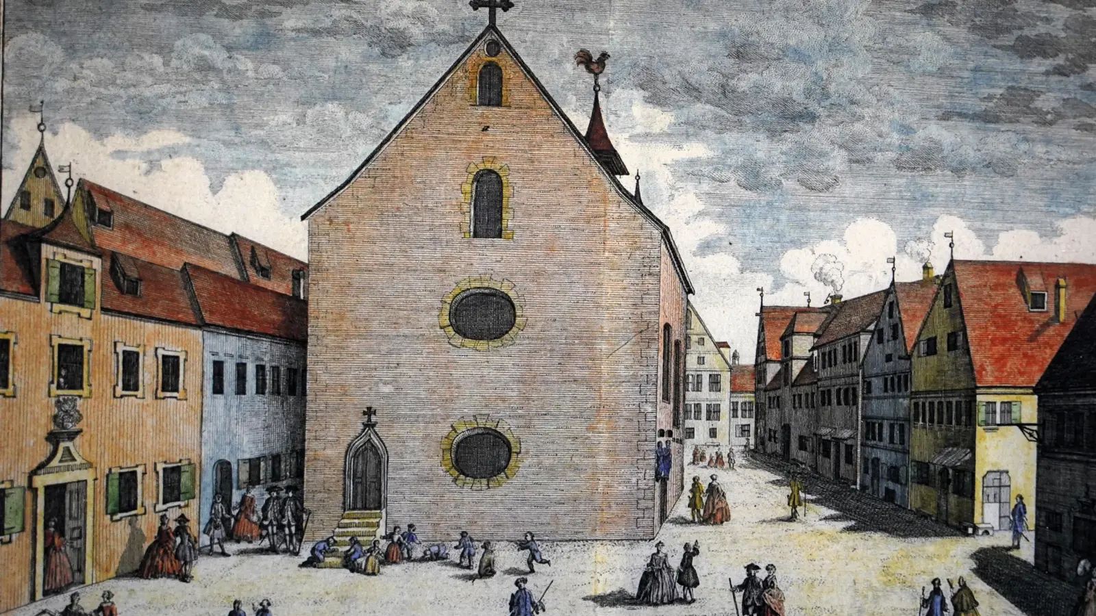 Am Kapellenplatz stand die erste Synagoge. Auf diesem Kupferstich von Johann Friedrich Schmidt, der in der Judaika im RothenburgMuseum gezeigt wird, ist sie bereits zur Kapelle umgebaut. (Repro: Simone Hedler)