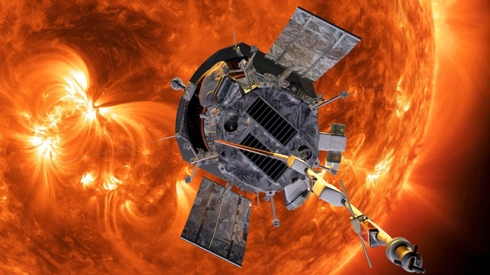 Die Computergrafik zeigt die „Parker Solar Probe“-Sonde auf dem Weg zur Sonne. (Handout) (Foto: -/AP/dpa)