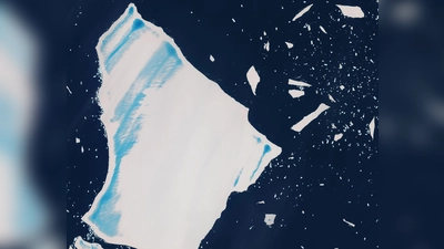 Mittlerweile hat der einst größte Eisberg einiges von seiner Masse eingebüßt. (Foto: -/contains modified Copernicus Sentinel data (2025), processed by ESA/dpa)