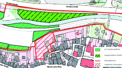 Nach dieser Vorlage der Stadt sollen Planungsbüros ihre Ideen zur Umgestaltung der Rezataue innerhalb des rot markierten Bereichs einbringen. Aber auch Bürger und verschiedene Interessensgruppen sollen mit ihren Vorstellungen dazu Berücksichtigung finden. (Grafik: Stadt Ansbach)