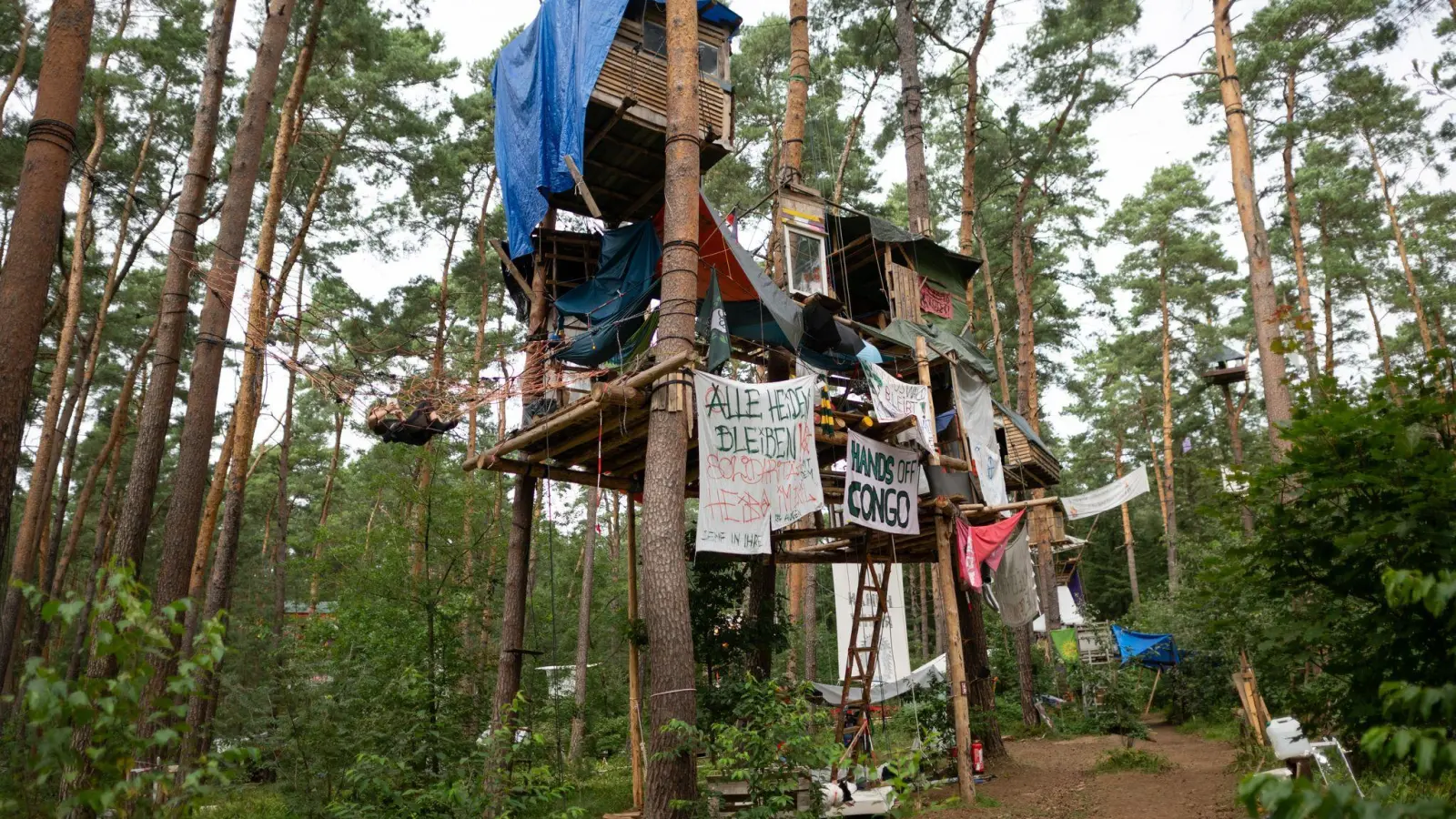 Das Protestcamp am Tesla-Werk existiert mittlerweile seit einem halben Jahr. (Foto: Sebastian Gollnow/dpa)