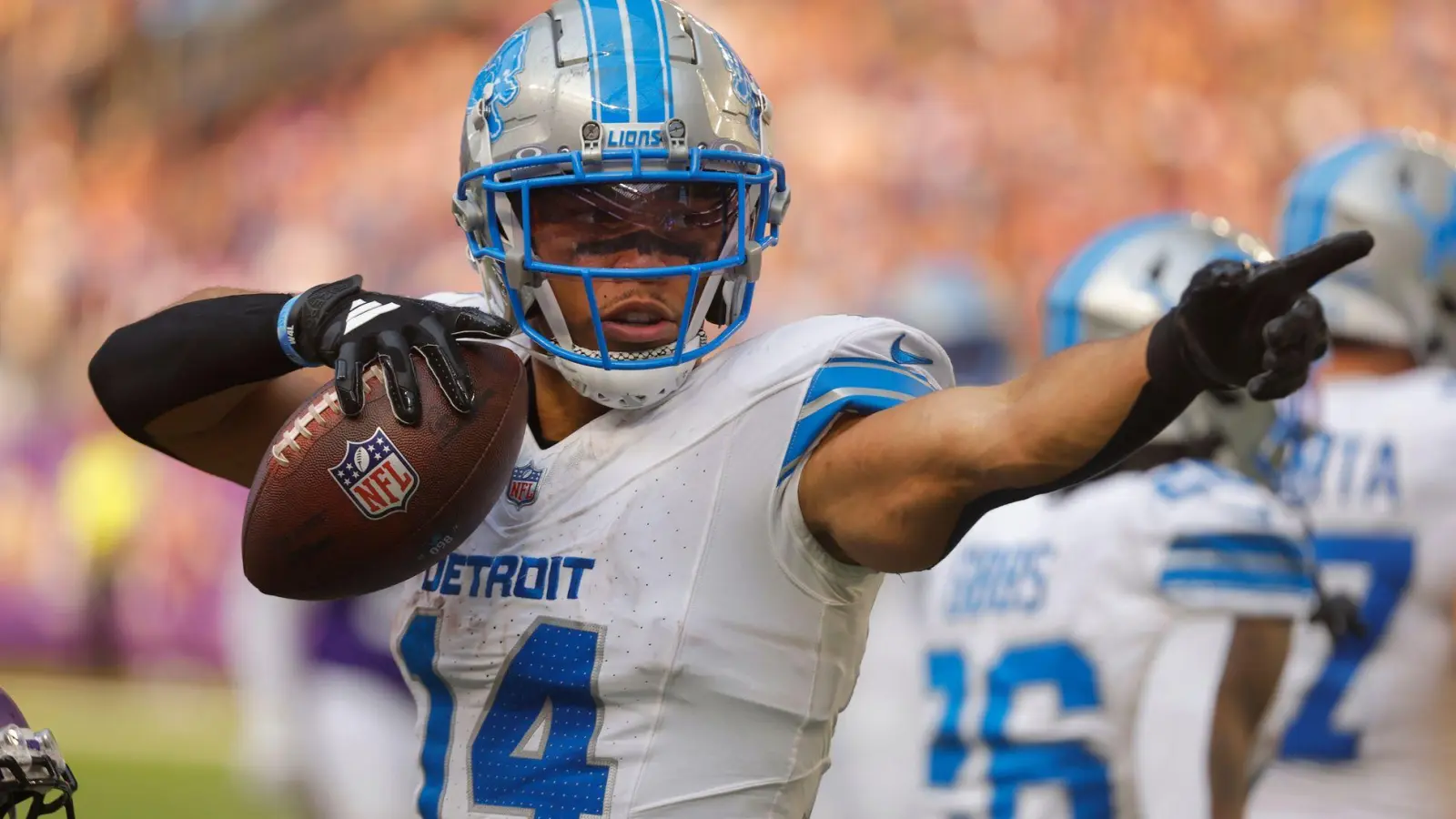 Amon-Ra St. Brown freut sich auf das NFL-Heimspiel mit den Detroit Lions in München. (Archivbild) (Foto: Bruce Kluckhohn/AP/dpa)