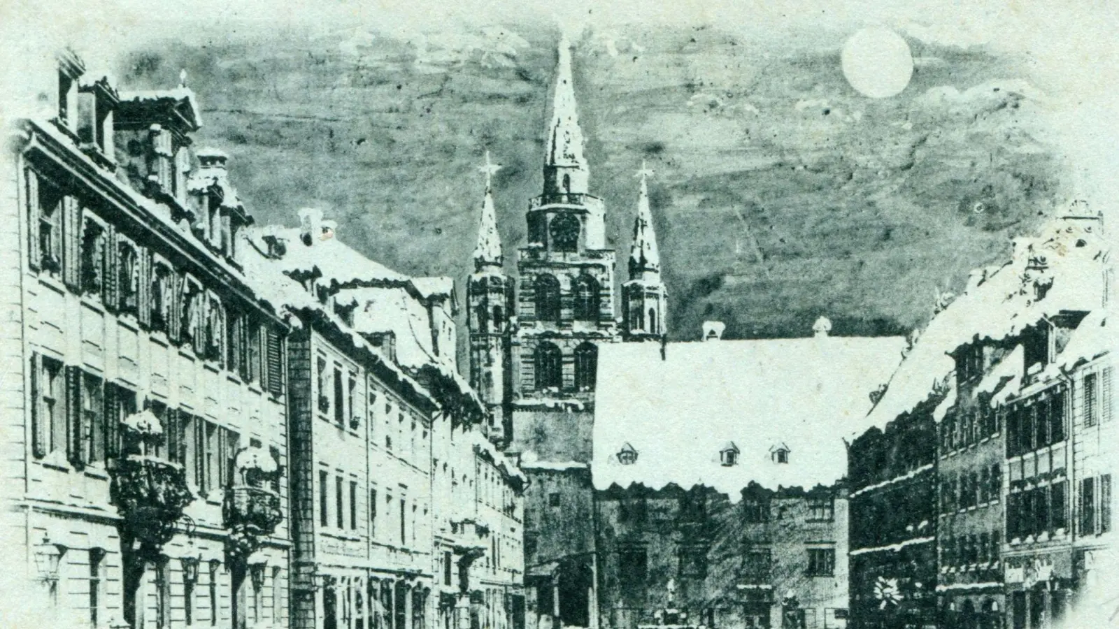 Die schneebedeckten Dächer der Altstadt auf einer historischen Postkarte: So romantisch die Szenerie auch ist, die Menschen sehnen sich im März 1926 doch sehr nach dem Frühling.  (Repro: Sammlung Martin Schuster)