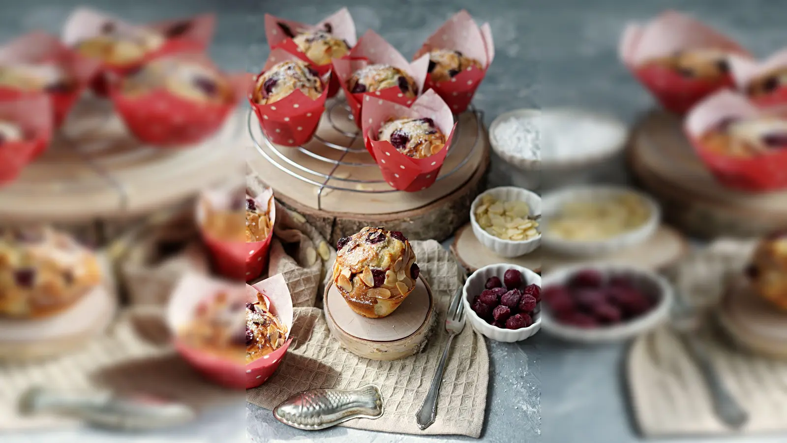 Damit die Mandel-Kirsch-Muffins perfekte Häubchen bekommen, sollte der Teig für die Förmchen mit einer Eiskelle portioniert werden. (Foto: Mareike Pucka/biskuitwerkstatt.de/dpa-tmn)