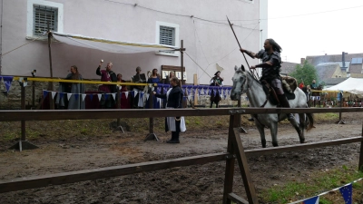 Kaiser Karl IV (hinten Mitte) ließ sich von den Rittern beim traditionellen Ringstechen ausführlich feiern. (Foto: Sylvia Fehlinger)