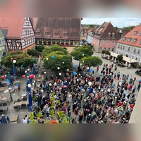 Im vergangenen Jahr stellten sich die Kinder und ihre Familien zu einem großen Herz auf dem Marktplatz auf, bevor die Ballons auf die Reise geschickt wurden. (Foto: Stadt Neustadt)