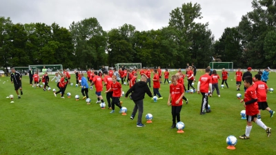 Training auf dem Gelände der Sportgemeinschaft Herrieden: Dritt- und Viertklässler der Grundschule, der Sebastian-Strobel-Schule sowie der Wolfhard-Schule beim inklusiven Fußballcamp.  (Foto: Werner Wenk)