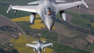 F-16-Kampfflugzeuge der portugiesischen und rumänischen Luftwaffe überwachen den Luftraum über dem Baltikum. (Foto: Mindaugas Kulbis/AP)