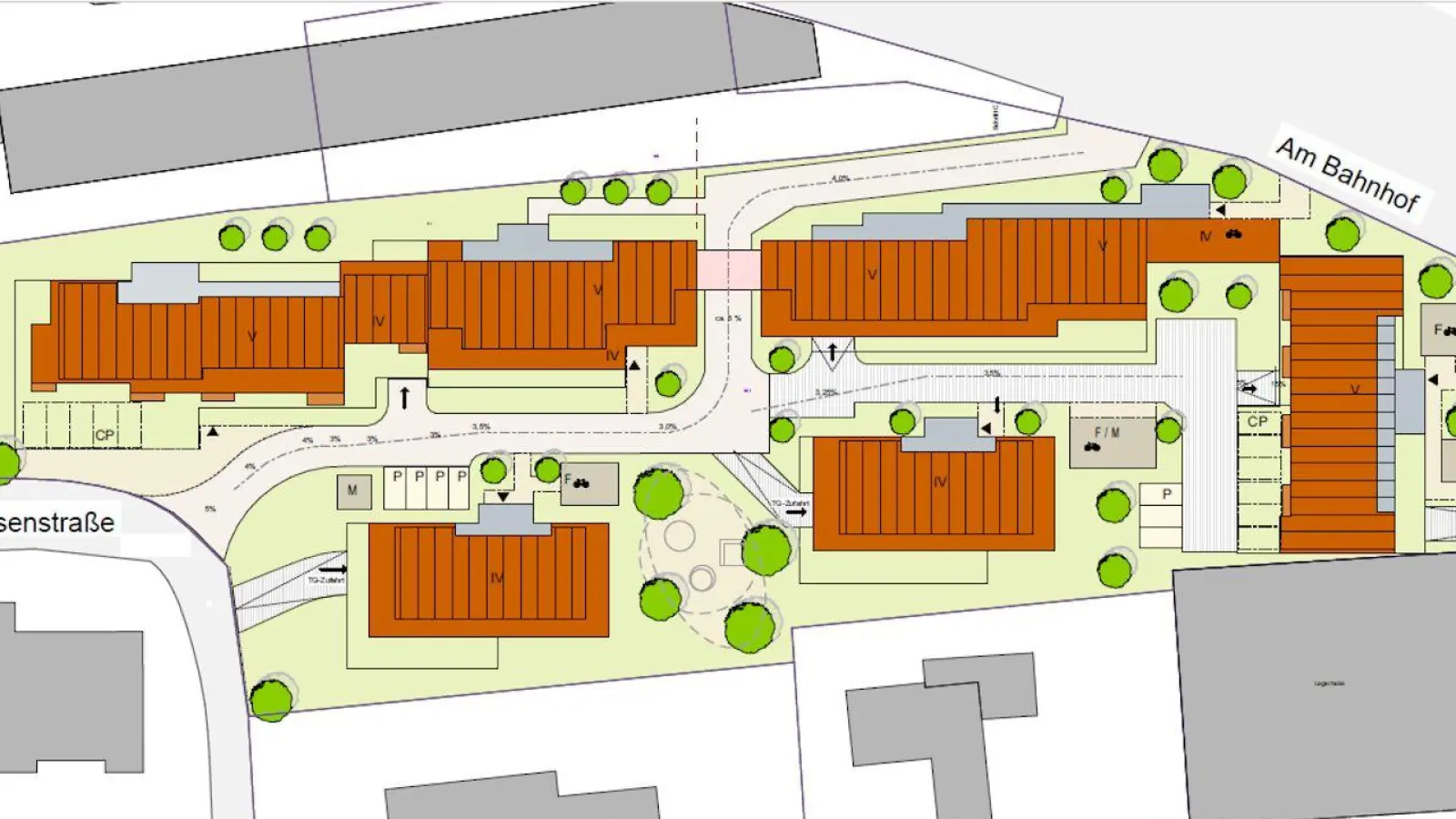 Das etwa 9000 Quadratmeter große Gebiet zwischen Am Bahnhof, der Frankenbergstraße und der Raiffeisenstraße in Uffenheim, soll von einem Gewerbegebiet in ein Wohnquartier umgewandelt werden, wie dieser Entwurf des städtebaulichen Konzepts der beauftragten Planer zeigt. (Planskizze: BEIL-Gruppe Ansbach)