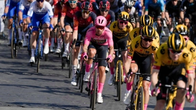 Primoz Roglic (M.) aus Slowenien gewann den 106. Giro. (Foto: Alessandra Tarantino/AP/dpa)