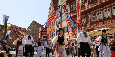 Der Trachtenumzug vor der Kulisse der Dinkelsbühler Altstadt zeigte die Vielfalt der siebenbürgischen Trachten. (Foto: Martina Haas)