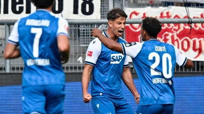Adam Hložek jubelte mit seinen Teamkollegen über die Führung. (Foto: Uwe Anspach/dpa)