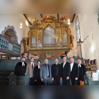 Vor der historischen Orgel Aufkirchens freuten sich (von links) Pfarrer Christian Dellert, Paul Ahrend, Pfarrerin Katharina Kemnitzer, Rainer Schülein, Orgelbeauftragter der Kirchengemeinde, Orgelsachverständiger Christoph Reinhold Morath, Orgelbaumeister Hendrik Ahrend, Landesbischof Christian Kopp und Pfarrer Dieter Gerhäuser über den Abschluss der Sanierung des barocken Instruments. (Foto: Peter Tippl)