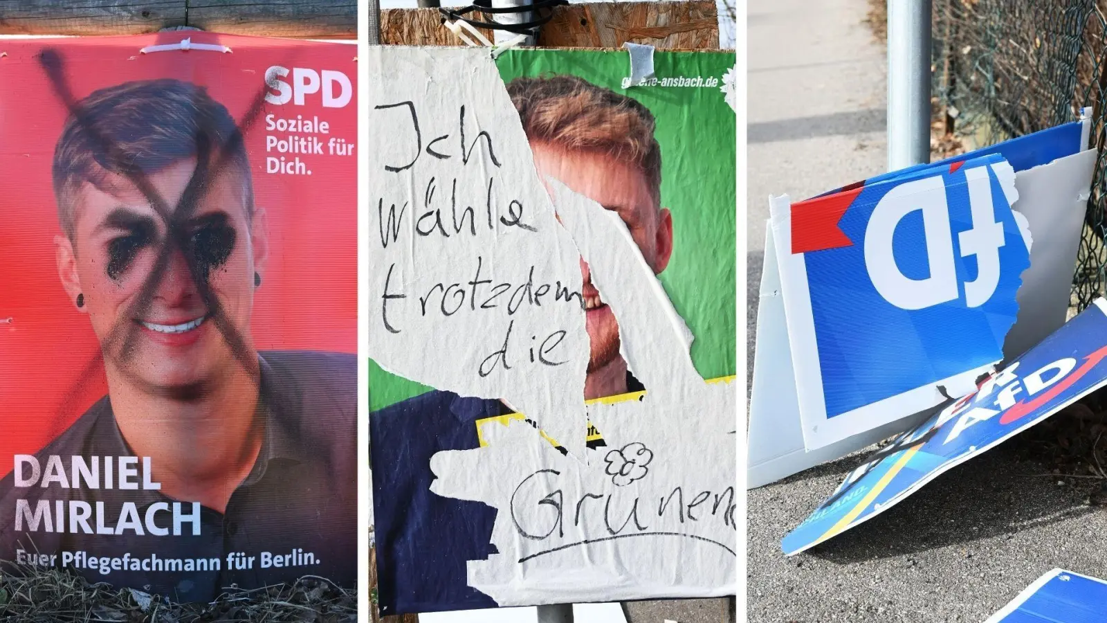 Die aufgeheizte Stimmung in Deutschland ist auch an den vielen beschädigten Wahlplakate der Parteien ersichtlich. Im Ansbacher Stadtgebiet sind diese rund um die Bundestagswahl keine Seltenheit gewesen. (Foto: Luca Paul)