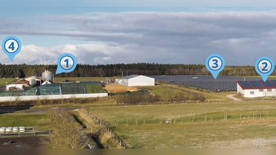 Der Energiepark Strüth: Biogas-Anlage (1), Hackschnitzelheizung (2) und Freiflächen-Photovoltaikanlage (3) sind in Strüth bereits vorhanden. Links hinten im Wald soll 2026 ein Windrad (4) errichtet werden. Foto: Fritz (Gehret/Grafik: Susanne Pöhlmann)