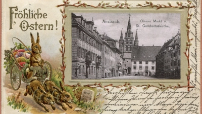 Diese historische Oster-Postkarte zeigt neben eher unfreundlich dreinschauenden Hasen den Oberen Markt mit der Gumbertuskirche.  (Repro: Sammlung Martin Schuster)