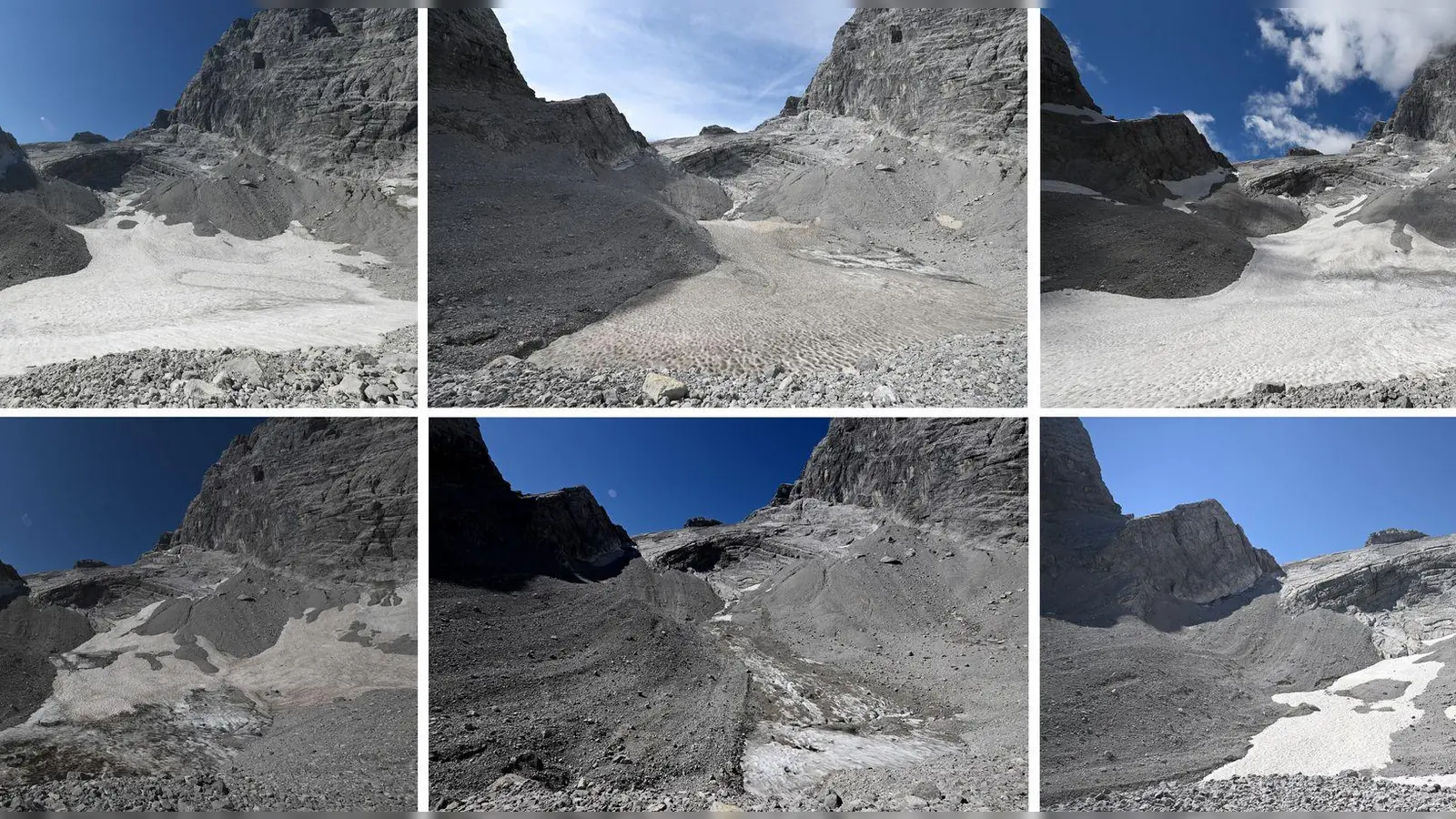 Die Fotos zeigen die Reste des Watzmanngletschers auf 2060 Metern - 2021 (oben links), 2022 (oben Mitte), 2023 (oben rechts), 2024 (unten links), 2025 (unten Mitte) und 2026 (unten rechts). (Foto: Angelika Warmuth/dpa)