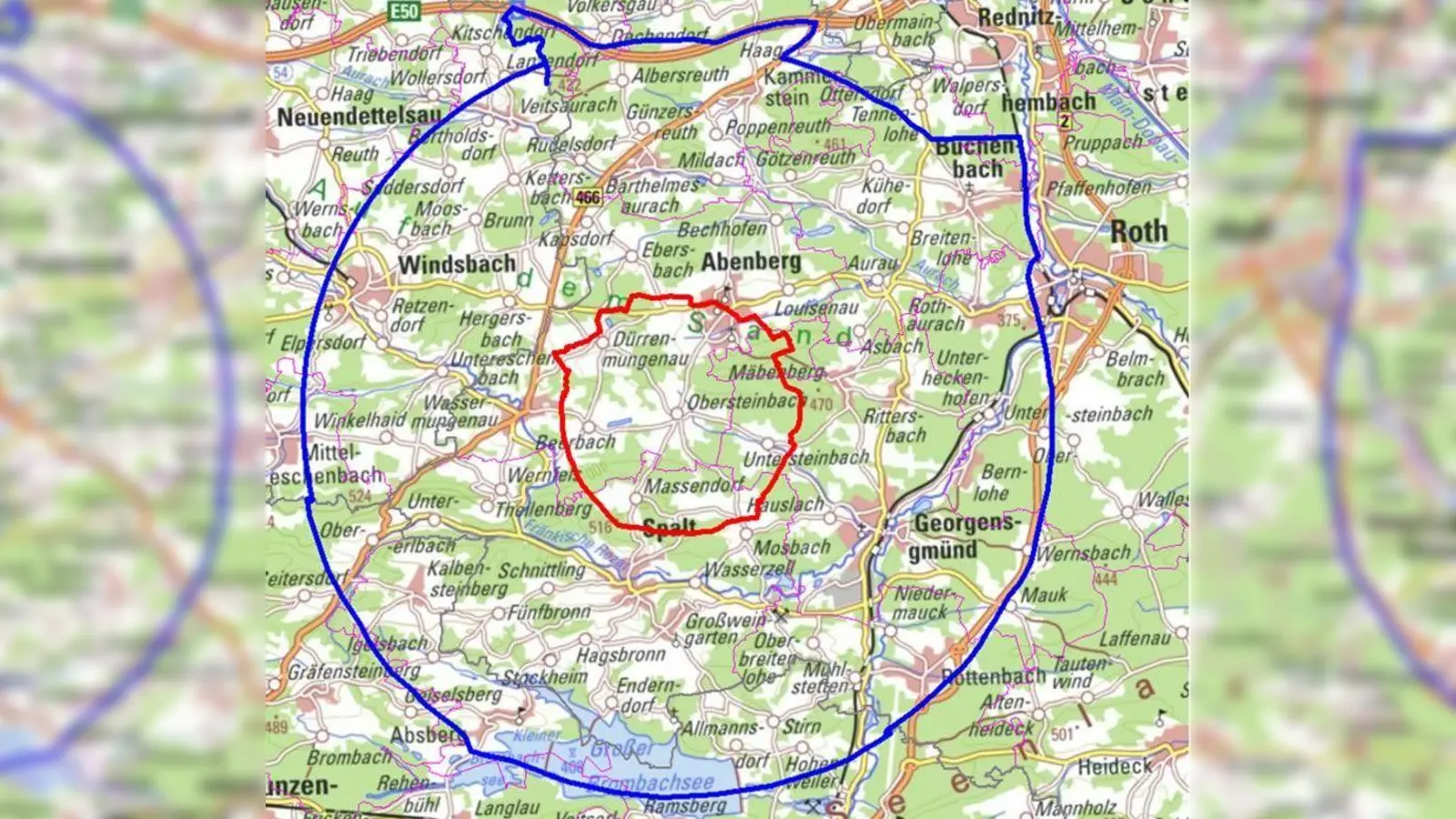 Weil im Landkreis Roth die Geflügelpest nachgewiesen wurde, sind rings um den betroffen Geflügelhalterbetrieb eine Sperrzone (rote Markierung) und eine Überwachungszone (blaue Markierung) eingerichtet worden. Letztere reicht auch in den Landkreis Ansbach hinein. (Foto: Landratsamt Ansbach)