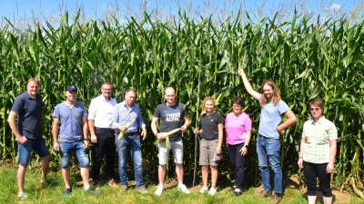 Zwei Maßstäbe waren nötig, um die Wuchshöhe des Maisbestandes mit 3,60 Meter festzustellen (von links): Maschinenringvorsitzender Herbert Weigand, Thorsten Schmidt, Dr. Stefan Berenz, BBV-Kreisobmann Jürgen Dierauff, Jonas Wirsching, die Auszubildende Leonie Kohler, Kreisbäuerin Renate Ixmeier, stellvertretender Kreisobmann Johannes Buchner und stellvertretende Kreisbäuerin Miriam Weghorn. (Foto: Fritz Arnold)