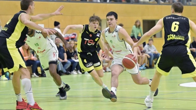 Raul Dumnici (mit Ball, gegen die Breitengüßbacher Noah Stephan Timo Dippold, von links) brachte die Weinberghalle mit vier Dreiern innnerhalb von nur drei Minuten zum Beben. (Foto: Martin Rügner)