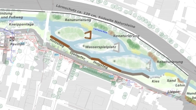 So könnte die Rezataue einmal aussehen: Drei Inseln mit Fisch-Optik sollen das Ansbacher Wappen symbolisieren, Ruhe- und Spielbereiche könnten neben einer Kneipp-Anlage entstehen. Ein Steinwall ist vorgesehen, um den Straßenlärm zu mildern. (Grafik: WWA/Grüne)