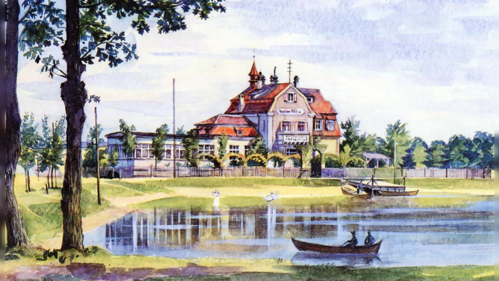 Das elegante Café Waldsee mit dem Beckenweiher, auf dem Boote fahren: Gemalt hat die idyllische Szenerie der in Ansbach lebende Künstler Theodor Alt. Im Januar 1926 feiert er seinen 80. Geburtstag. (Repro: Alexander Biernoth)