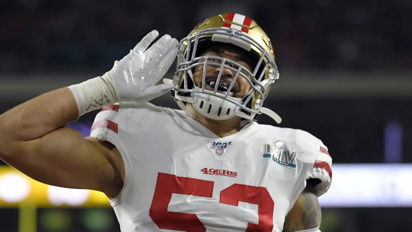 „Lauter, bitte“: Mark Nzeocha während des Super Bowls 2020 im Team der San Francisco 49ers. (Foto: Mark J. Terrill)