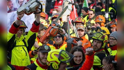 Forstarbeiter demonstrieren in Potsdam mit Kettensägen vor Beginn der dritten Runde der Tarifverhandlungen für den öffentlichen Dienst der Länder. (Foto: Soeren Stache/dpa)
