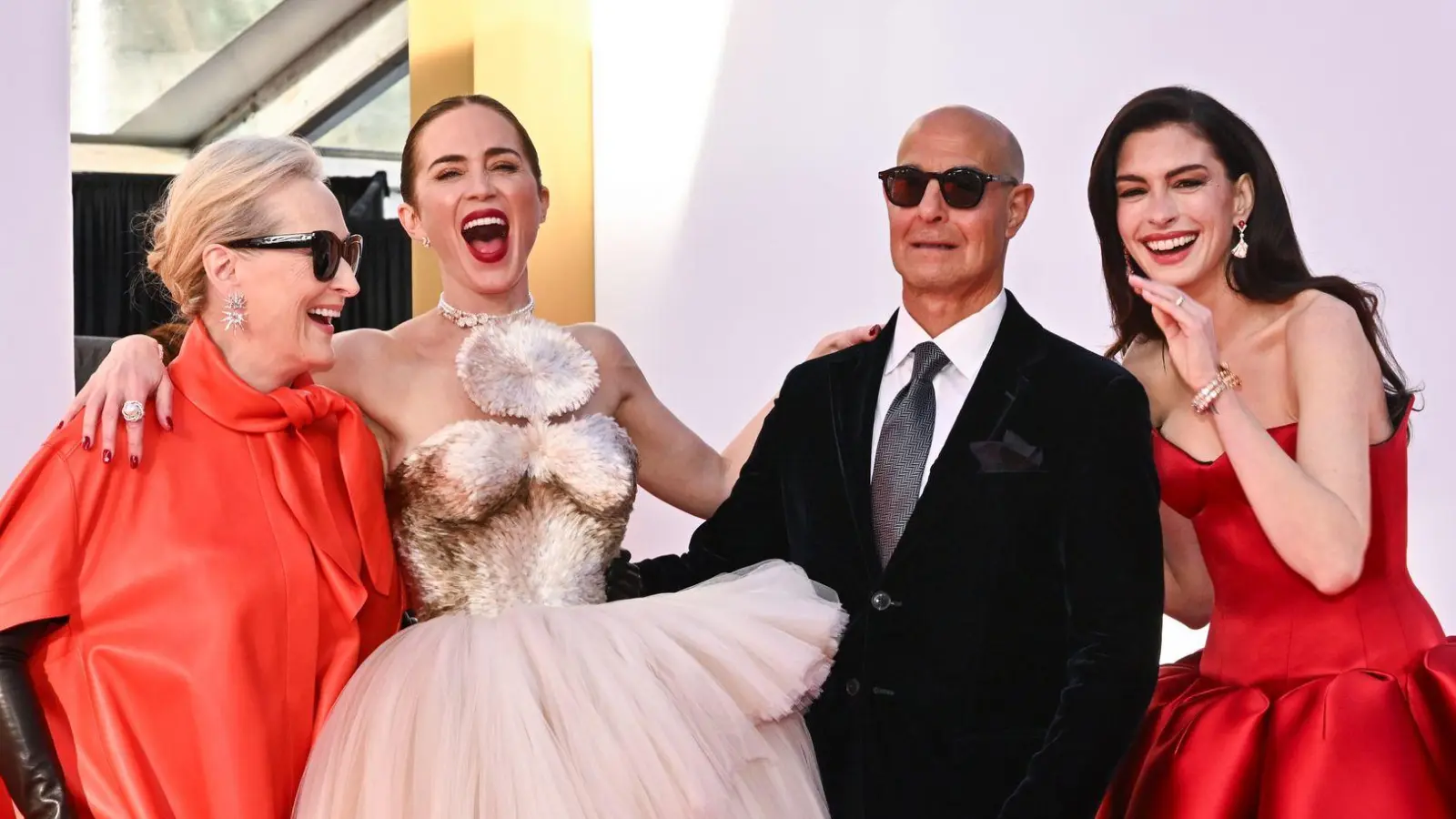 Meryl Streep (l-r), Emily Blunt, Stanley Tucci und Anne Hathaway besuchen die Weltpremiere von  „Der Teufel trägt Prada 2 in der David Geffen Hall. (Foto: Evan Agostini/Invision/AP/dpa)