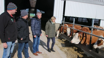 Bauer Markus Förster, Günther Fleißner und Ottmar Braun vom BBV sowie Landwirtin Carola Reiner (von links) fordern Entlastungen. (Foto: Stefan Neidl)