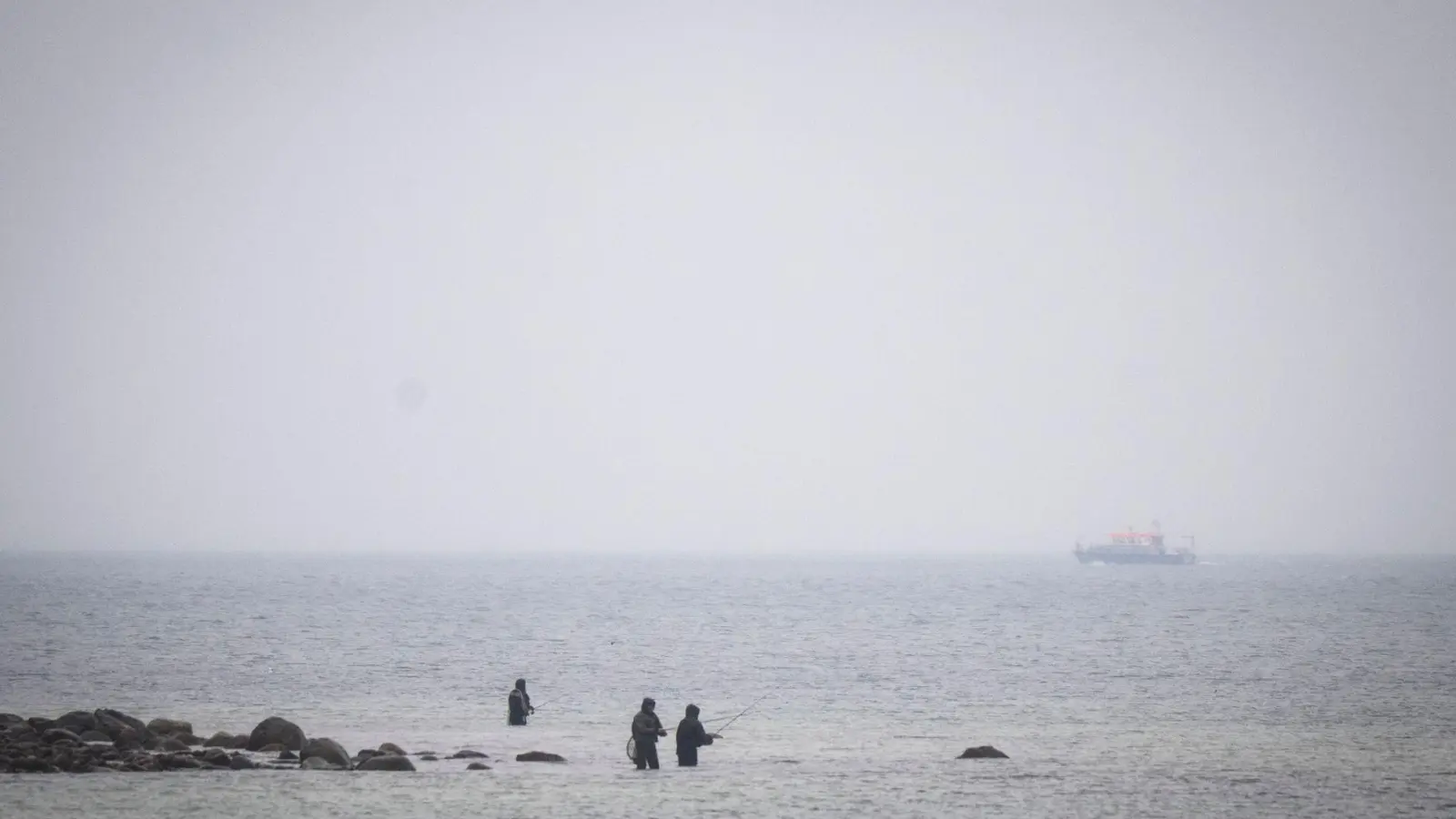 Das Boot „Uecker“ von der Wasserschutzpolizei sucht den Wal an der Ostseeküste.  (Foto: Philip Dulian/dpa)