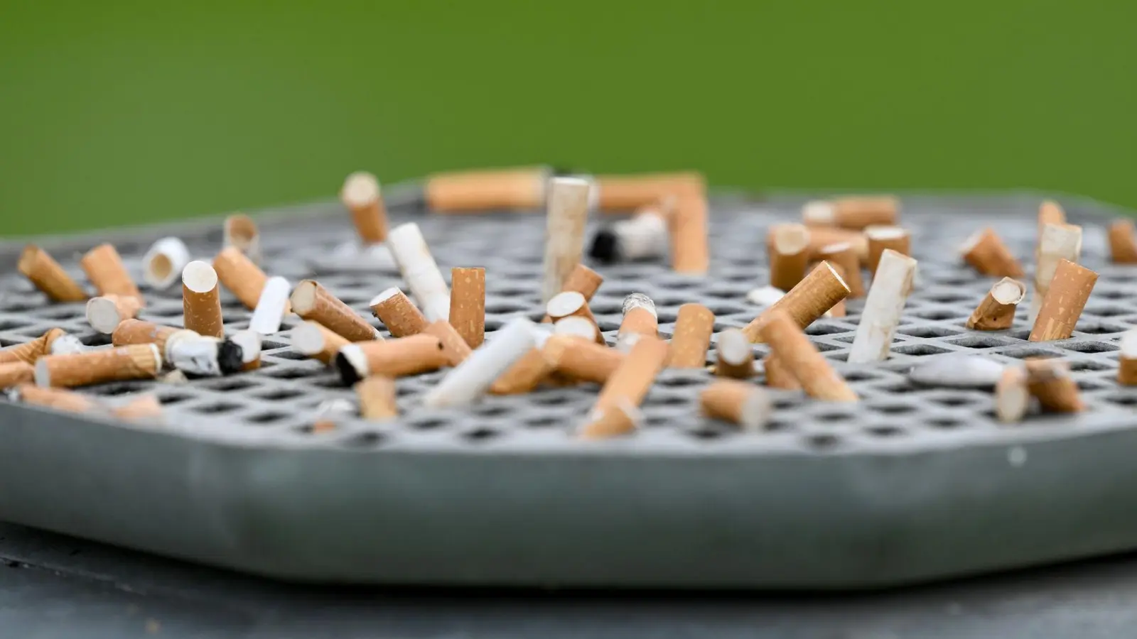 Zigarettenkippen stecken im Aschenbecher eines Mülleimers. (Foto: Arne Dedert/dpa/Symbolbild)