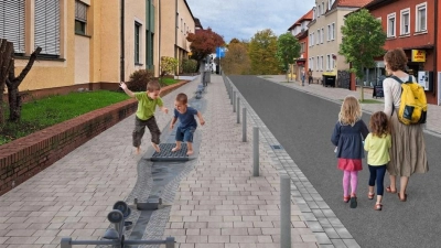 So soll der Wasserlauf in der Johanniterstraße aussehen, in dem Kinder dann planschen können. (Fotomontage: Stadt Bad Windsheim)