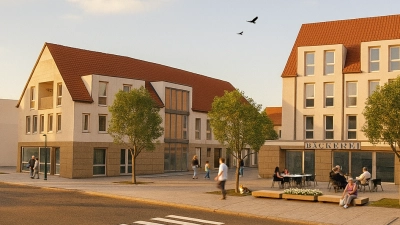 So könnte das soziale Quartier in der Heinrich-Brandt-Straße in Windsbach Ende 2027/Anfang 2028 aussehen. Der Bauabschnitt, der Gewerbeflächen umfasst, soll dieses Jahres in Angriff genommen werden.  (Grafik: Högner Baugesellschaft)