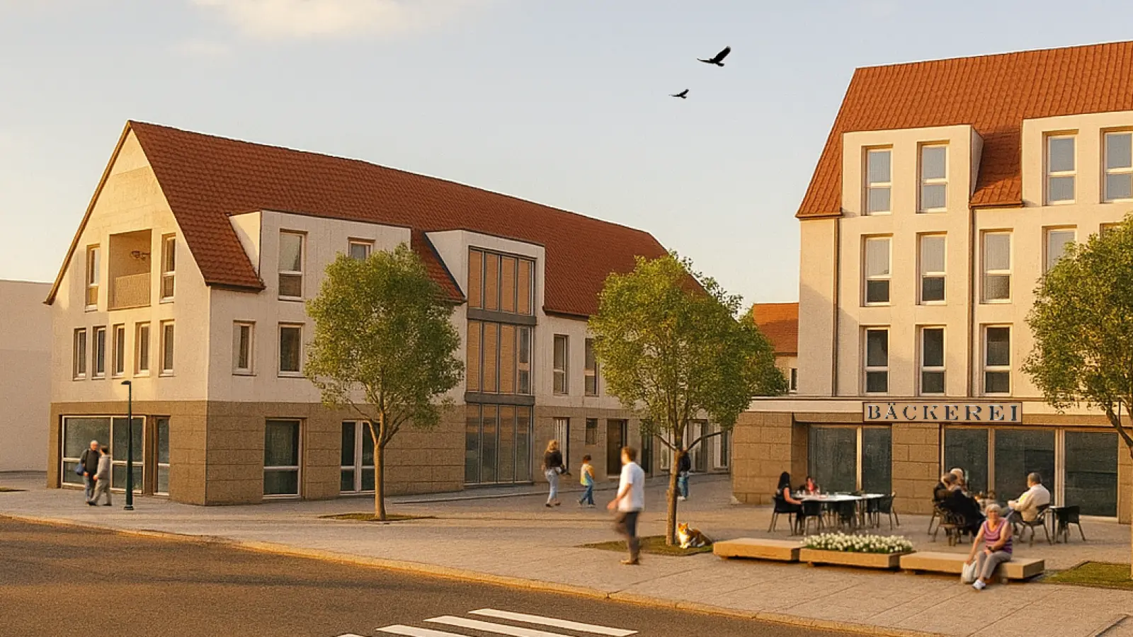 So könnte das soziale Quartier in der Heinrich-Brandt-Straße in Windsbach Ende 2027/Anfang 2028 aussehen. Der Bauabschnitt, der Gewerbeflächen umfasst, soll dieses Jahres in Angriff genommen werden.  (Grafik: Högner Baugesellschaft)