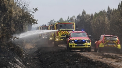Die Feuerwehr kämpft weiter mit einem Großaufgebot gegen die Waldbrände bei Bordeaux. (Foto: Emma Da Silva/AP/dpa)