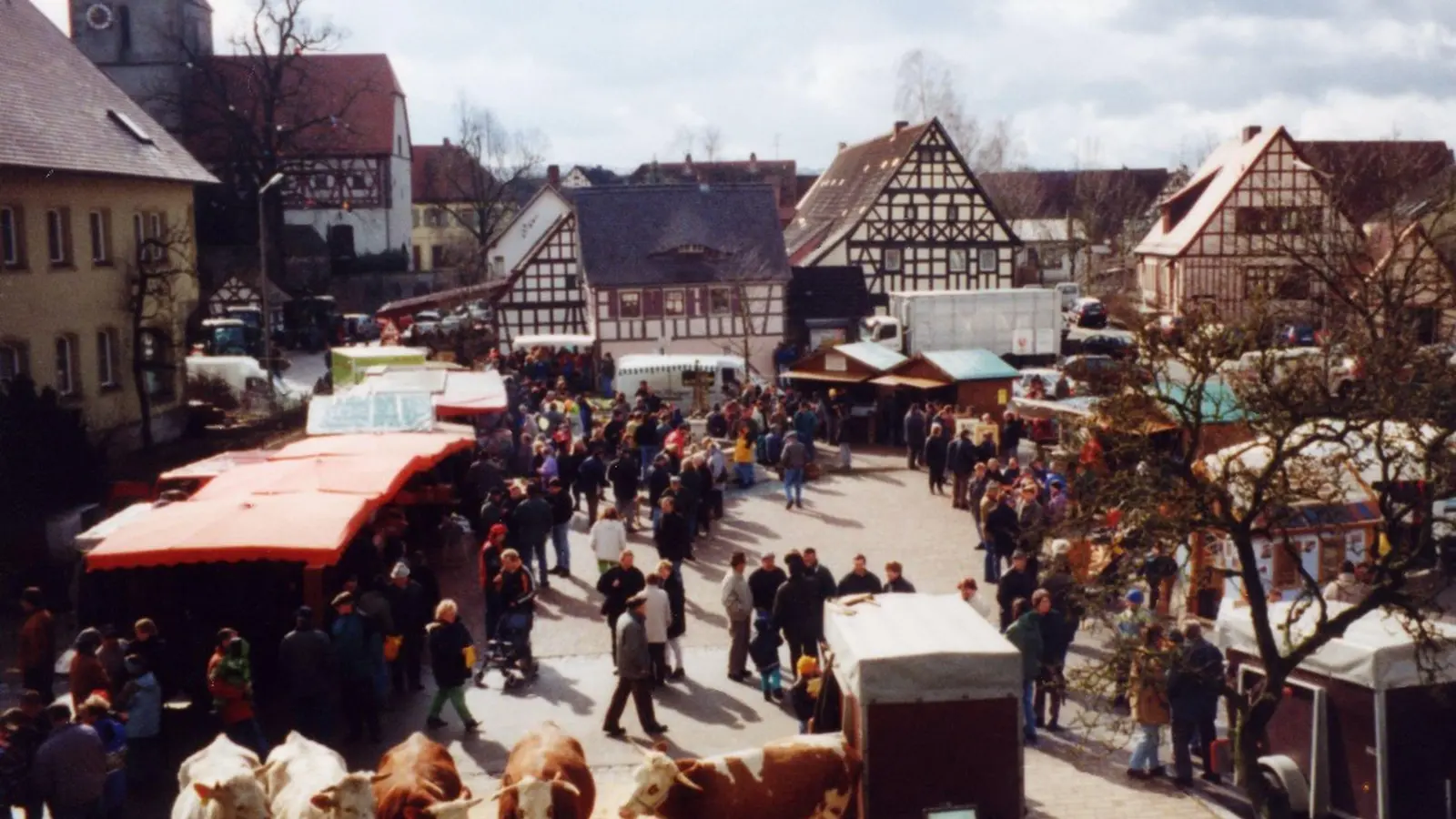 Der Versuch zur Wiederbelebung des historischen Wettringer Viehmarktes vor einem Vierteljahrhundert, bei dem das Foto entstand, war ein Erfolg. Das Format ging danach wieder in Serie und findet auch heuer statt. Beginn ist am Samstag um 9 Uhr auf dem Dorfplatz. (Archivbild: Michael Kandert)