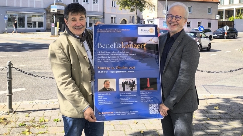 Rotary-Präsident Jochen Heldmann und Conference Chair Dr. Udo Feldheim freuen sich auf viele Besucher beim Jubiläums-Benefizkonzert am Samstag, 10. Okober, im Onoldiasaal in Ansbach.  (Foto: Thomas Schaller)