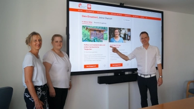 Iris Reichel und Veronika Polok vom Freiwilligenzentrum der Caritas im Landkreis stellten die neue Engagement-Plattform „freilich“ im Landratsamt vor. Die Schirmherrschaft übernahm Landrat Christian von Dobschütz, der das Angebot am nächsten Tag auch den Bürgermeistern des Landkreises schmackhaft machte. (Foto: Nicole Gunkel)