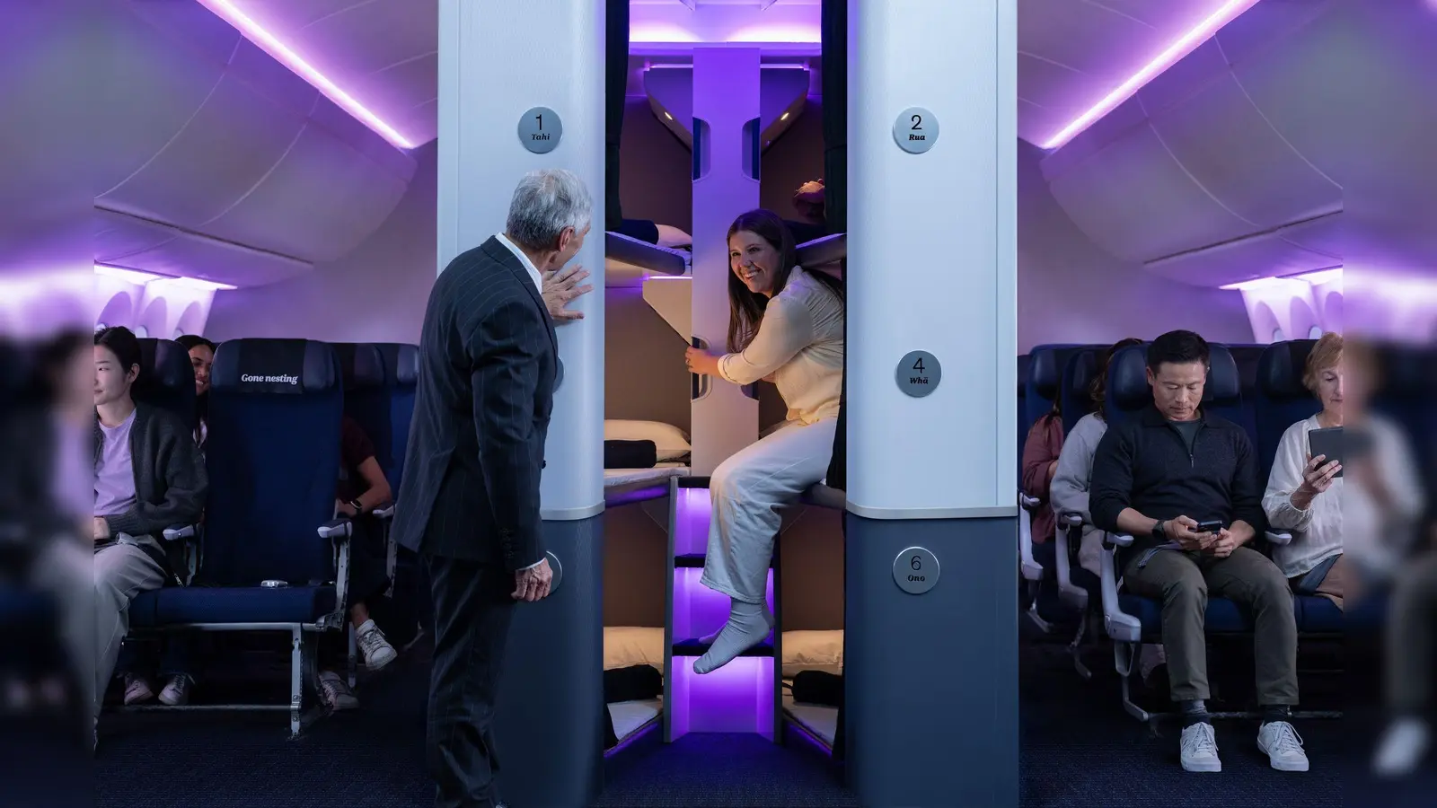 Erinnert ein wenig an Jugendherberge - so soll das „Economy Skynest“ aussehen. (Foto: Air New Zealand/dpa-tmn)