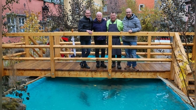 Oberbürgermeister Dr. Christoph Hammer, die Teichwirte Robert Hippelein und Werner Ahamer sowie Sebastian Salom von der Teichgenossenschaft im Landkreis Ansbach waren bei der offiziellen Eröffnung am Sonntag dabei. (Foto: Martina Haas)