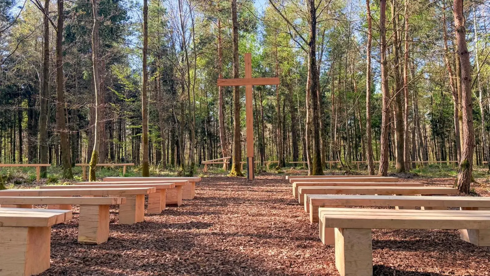 Am Andachtsplatz im „Ruhebaum Schillingsfürst” schaffen eigens gefertigte Holzbänke einen würdevollen Rahmen für Abschied und Erinnerung im Wald. (Foto: Cornelia Schmidt/Fürst Wallerstein)